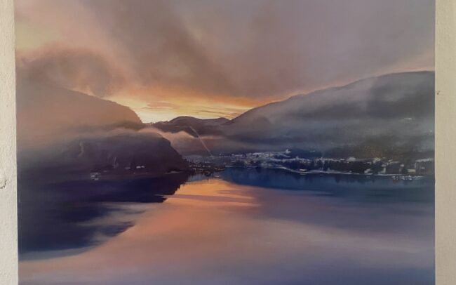 Quadro tramonto golfo di Ponte Tresa olio su tela