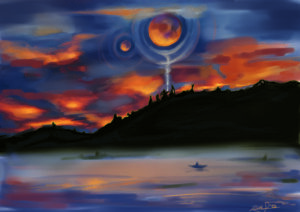 Arte digitale un quadro fatto digitalmente che raffigura un tramonto con un lavo deli monti e due lune