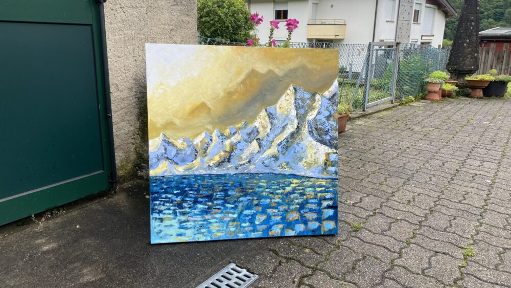 Quadro olio su tela di montagne innevate e un lago ghiacciato