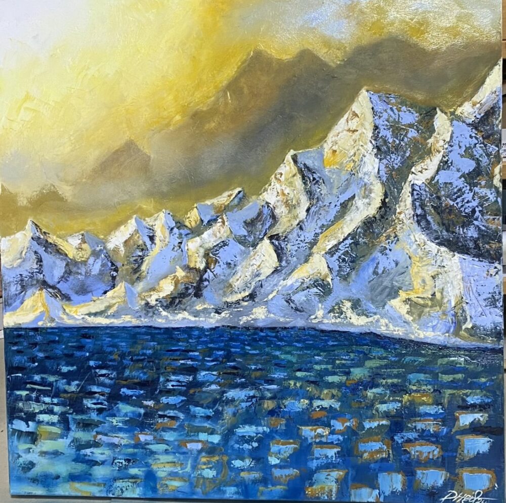 Quadro olio su tela di montagne innevate e un lago ghiacciato